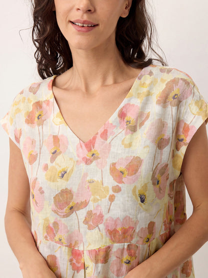 100% Linen Carnation Print Scalloped Waist Maxi Dress HARRIET LINTICO