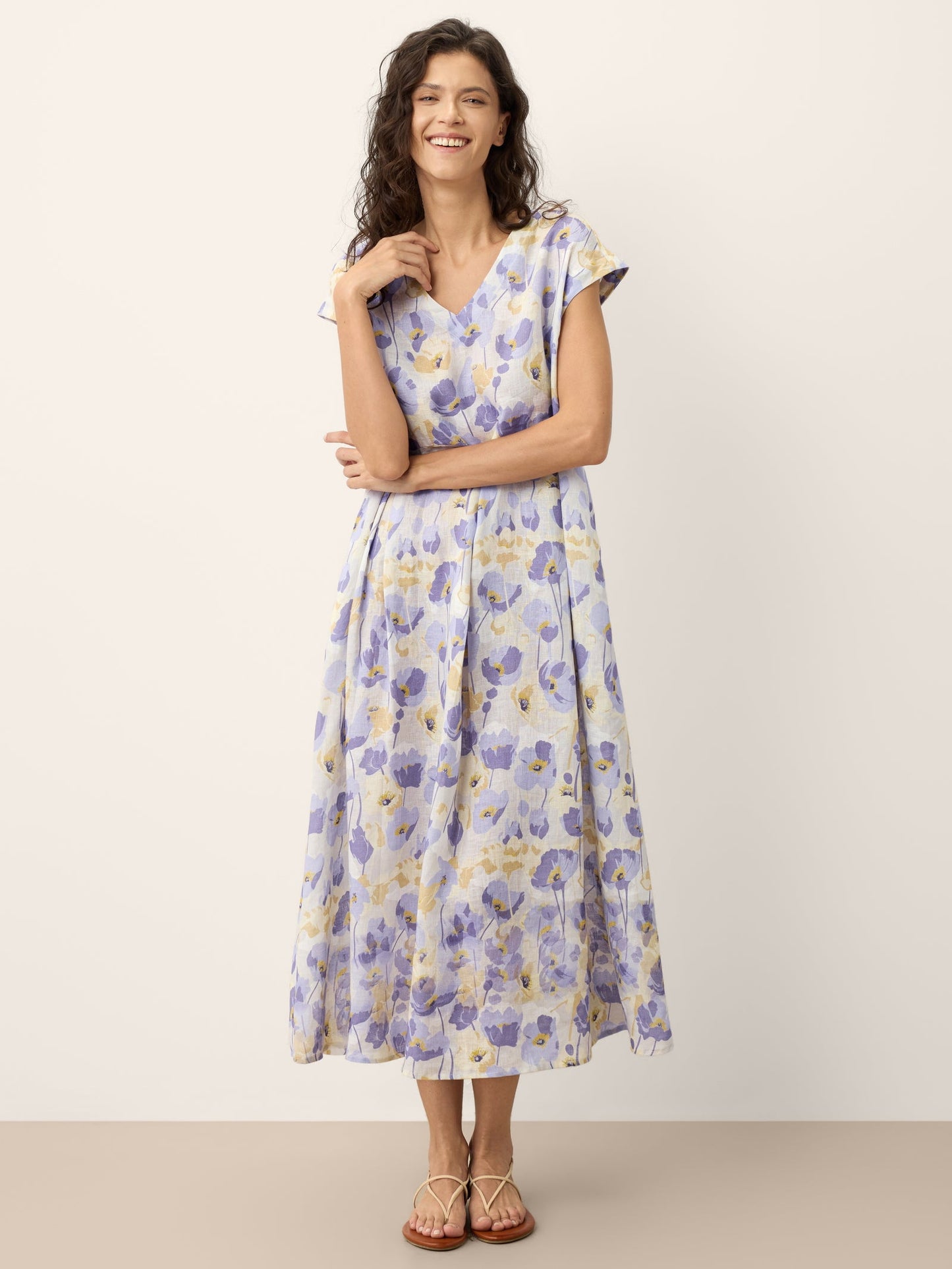 100% Linen Carnation Print Scalloped Waist Maxi Dress HARRIET LINTICO