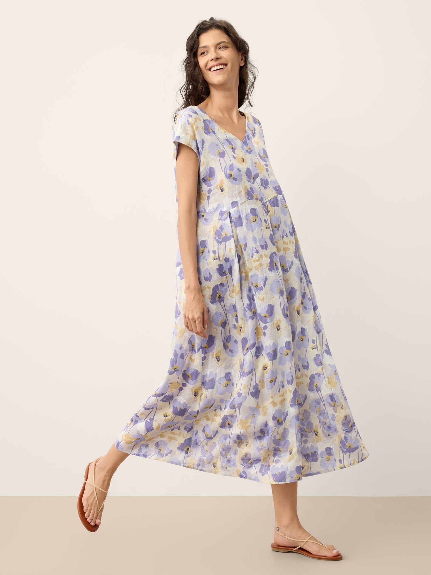 100% Linen Carnation Print Scalloped Waist Maxi Dress HARRIET LINTICO