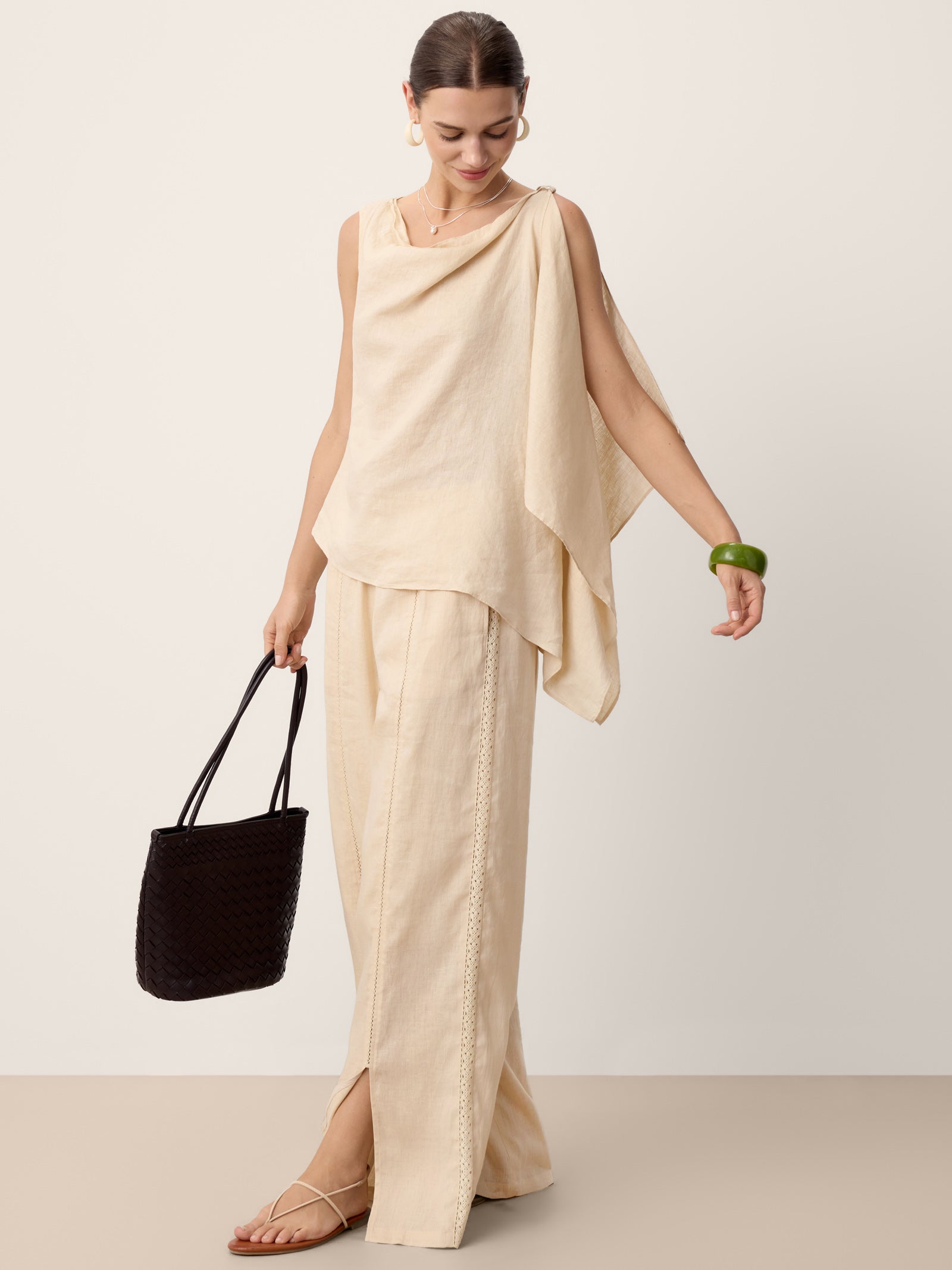 100% Linen Cowl-Neck Asymmetric Top LEVINA LINTICO