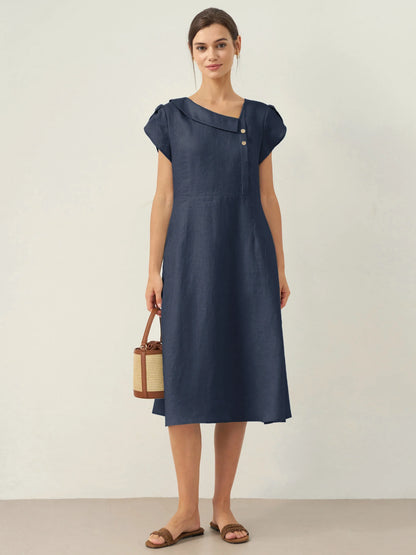 100% Linen Crescent Collar Flutter Sleeve Midi Dress FIONA LINTICO