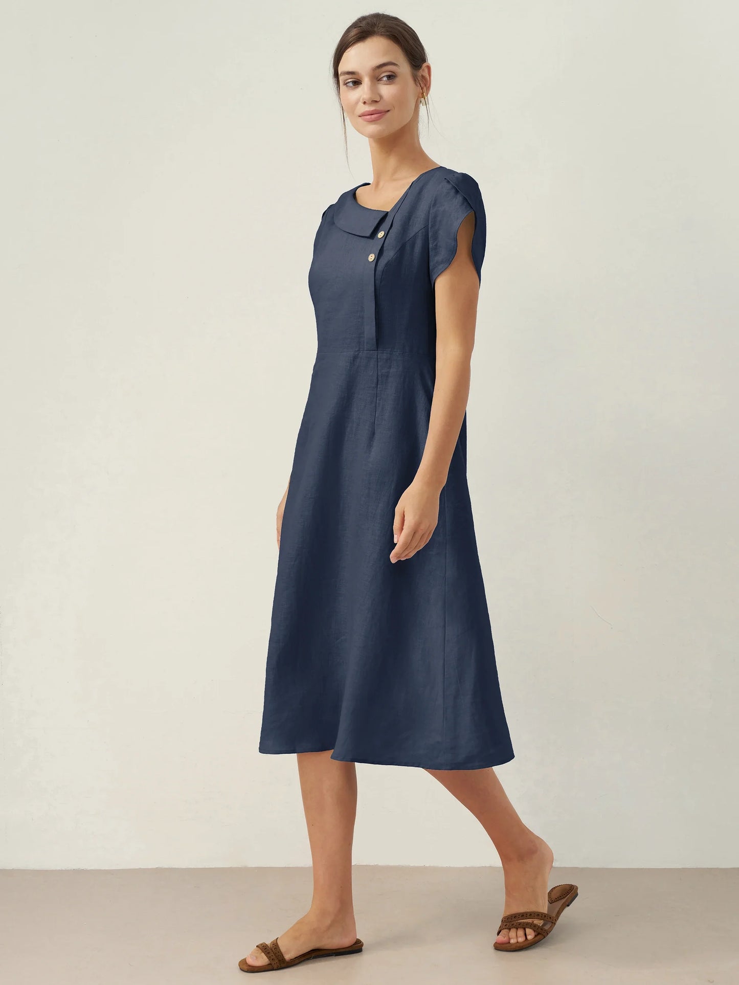 100% Linen Crescent Collar Flutter Sleeve Midi Dress FIONA LINTICO