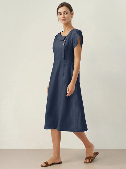 100% Linen Crescent Collar Flutter Sleeve Midi Dress FIONA LINTICO