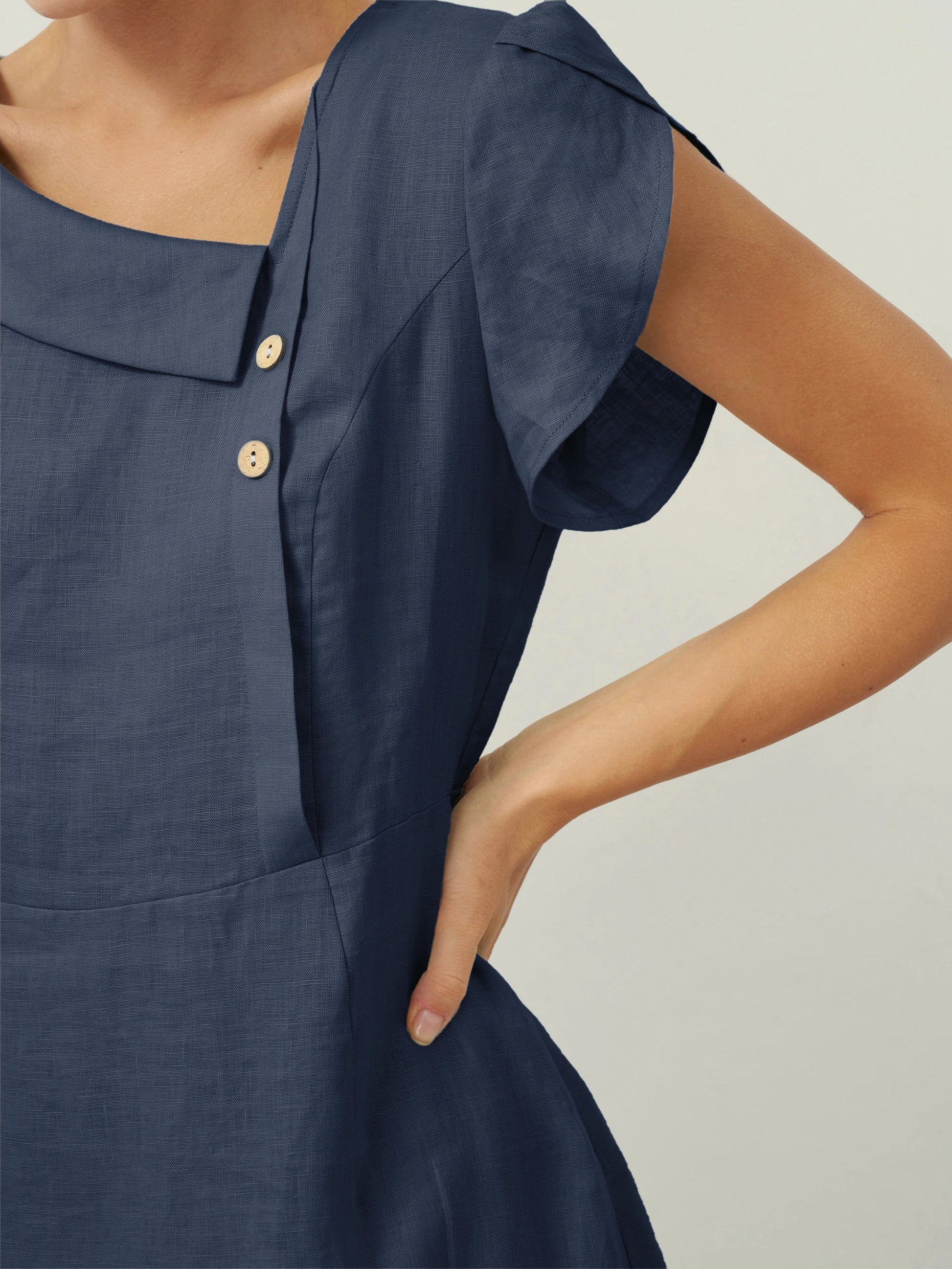 100% Linen Crescent Collar Flutter Sleeve Midi Dress FIONA LINTICO