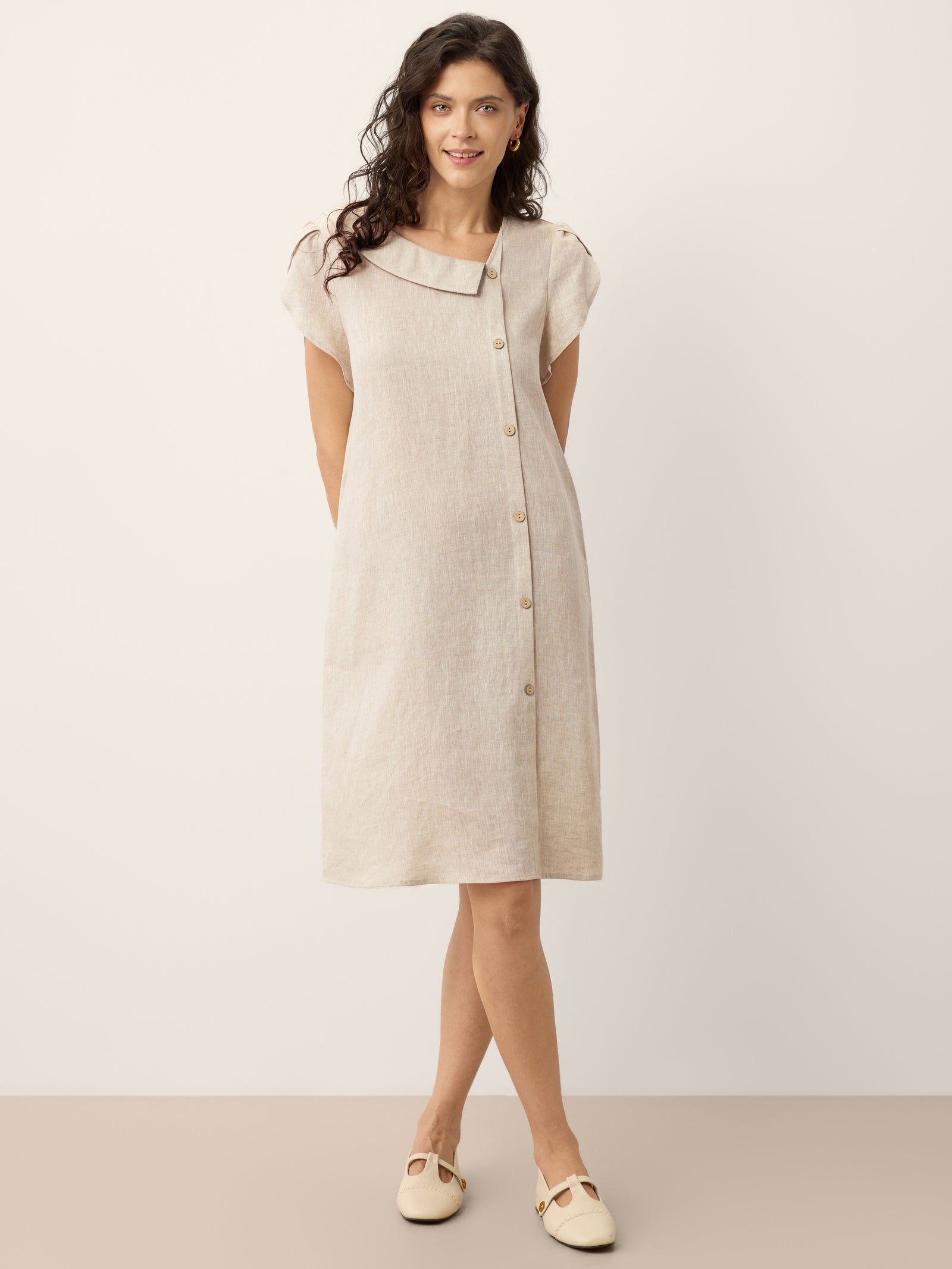 100% Linen Crescent Collar Ruffle Sleeve Mini Dress THERESA LINTICO