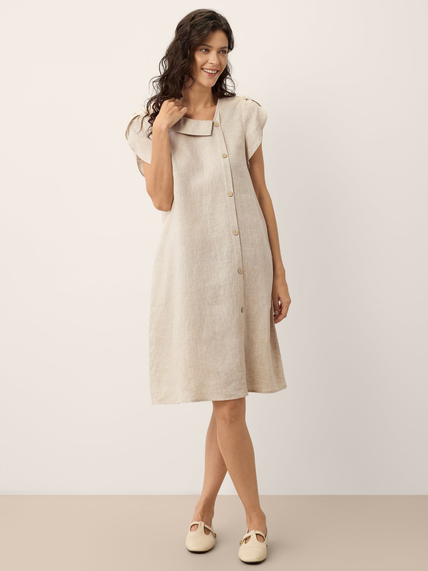 100% Linen Crescent Collar Ruffle Sleeve Mini Dress THERESA LINTICO