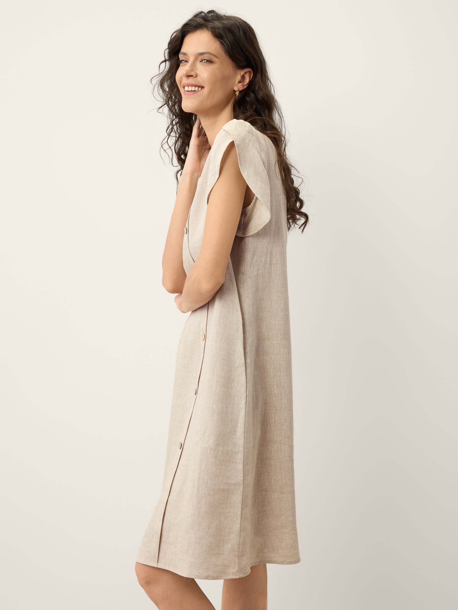 100% Linen Crescent Collar Ruffle Sleeve Mini Dress THERESA LINTICO