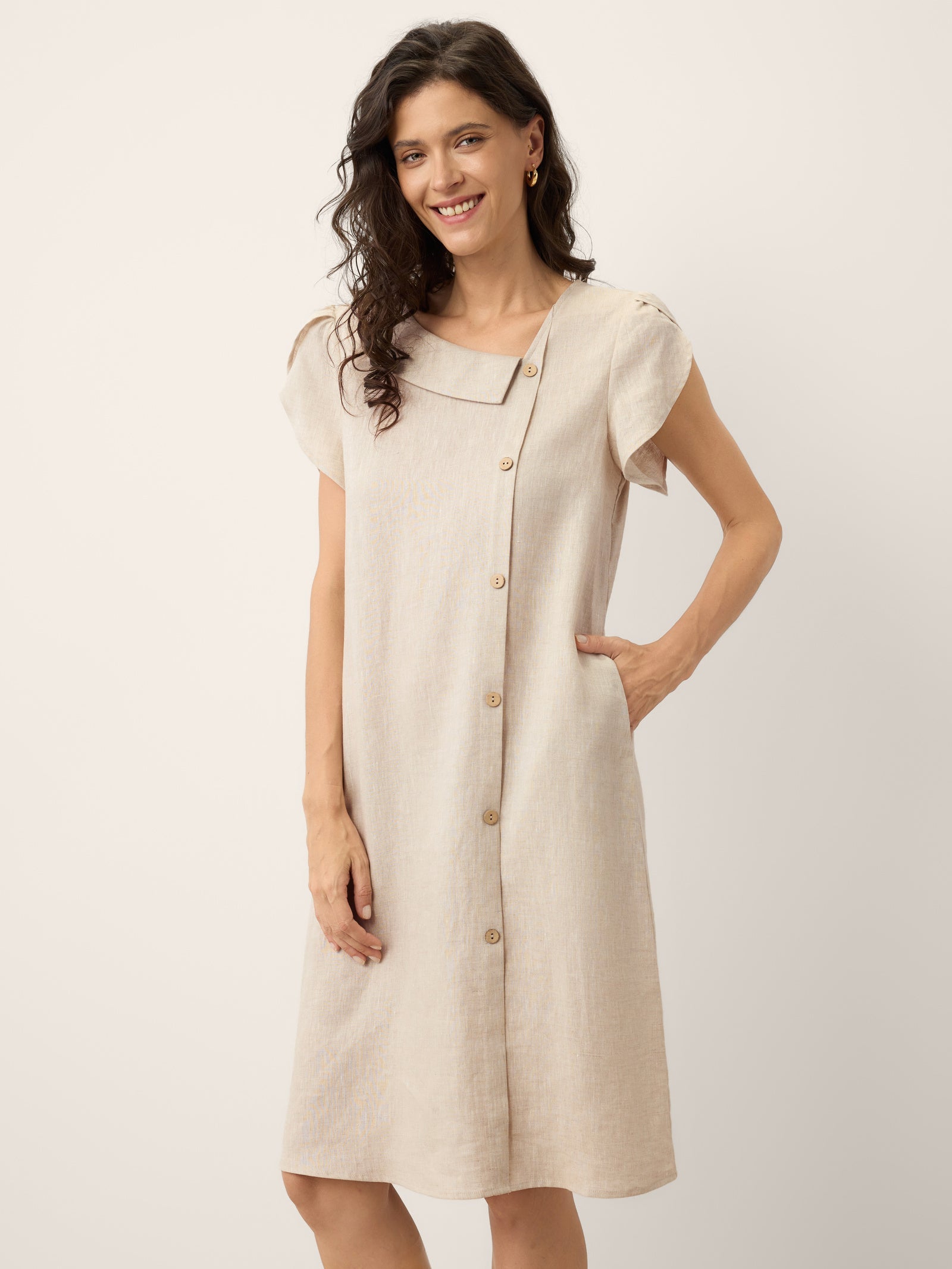 100% Linen Crescent Collar Ruffle Sleeve Mini Dress THERESA LINTICO