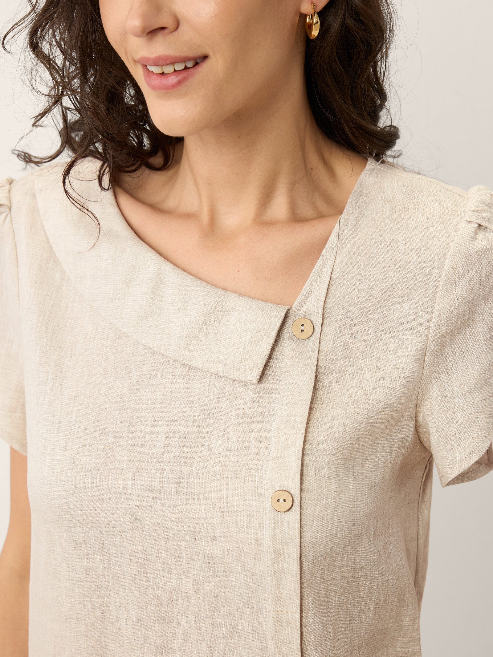 100% Linen Crescent Collar Ruffle Sleeve Mini Dress THERESA LINTICO