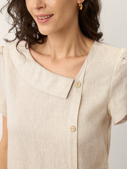 100% Linen Crescent Collar Ruffle Sleeve Mini Dress THERESA LINTICO