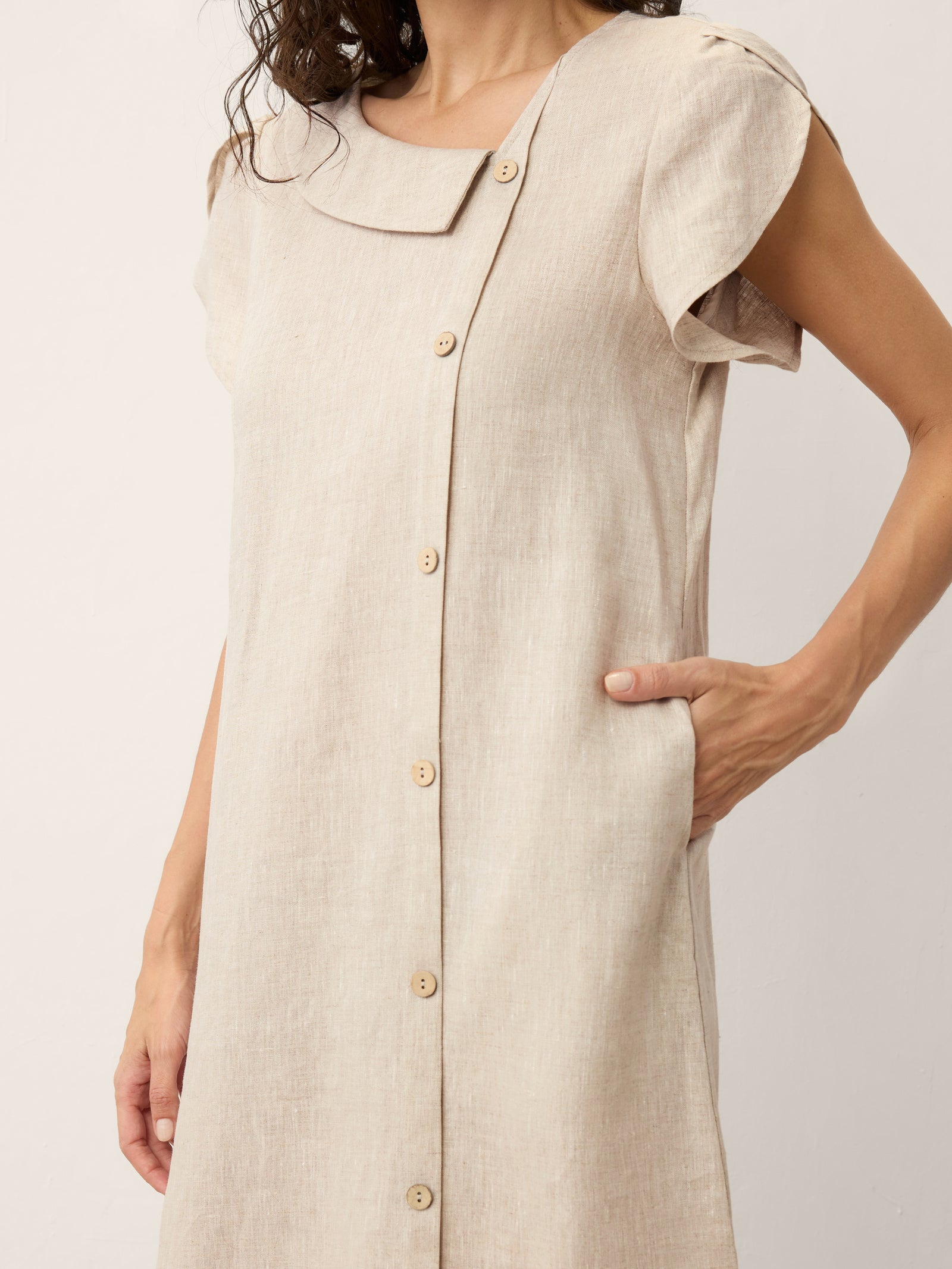 100% Linen Crescent Collar Ruffle Sleeve Mini Dress THERESA LINTICO