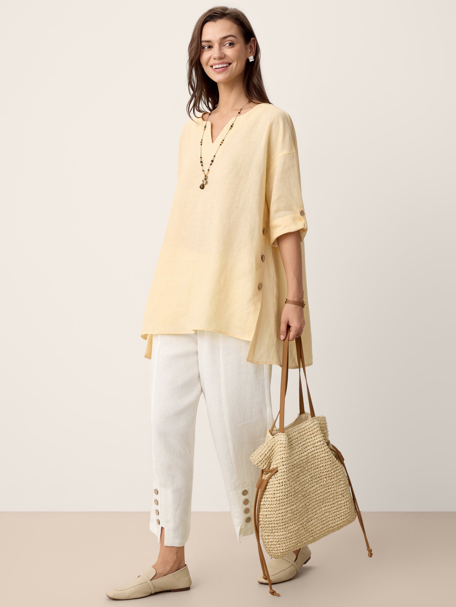 100% Linen Curved-Hem Oversized Top DAPHNEA LINTICO