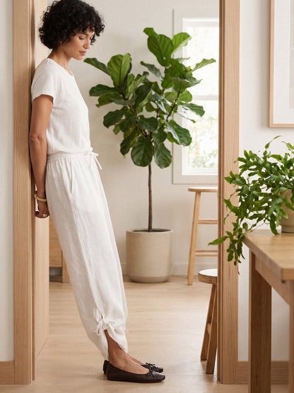 100% Linen Convertible Drawstring Hem Elasticated Waist Wide-Leg Pants YSELINE LINTICO