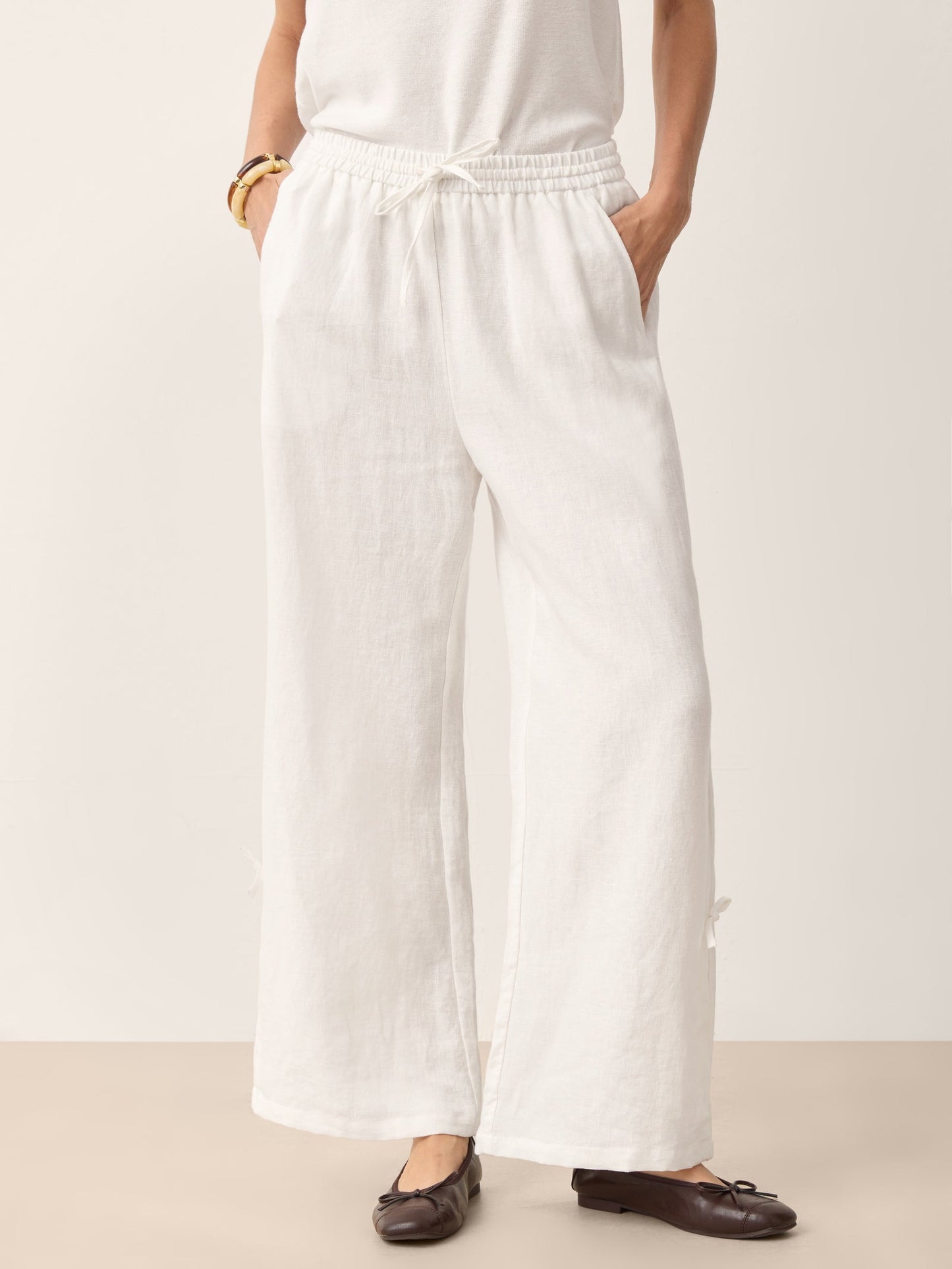 100% Linen Convertible Drawstring Hem Elasticated Waist Wide-Leg Pants YSELINE LINTICO