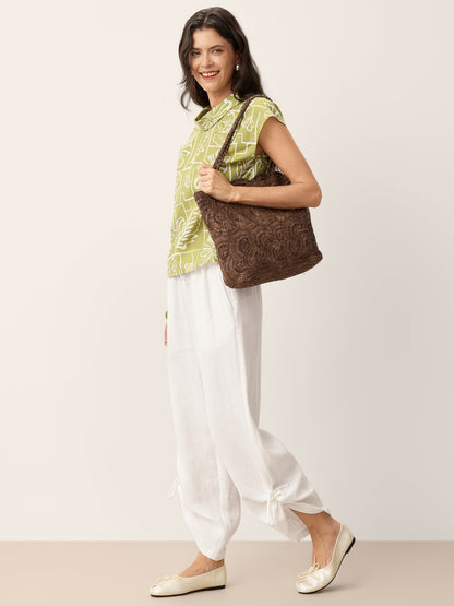 100% Linen Convertible Drawstring Hem Elasticated Waist Wide-Leg Pants YSELINE LINTICO
