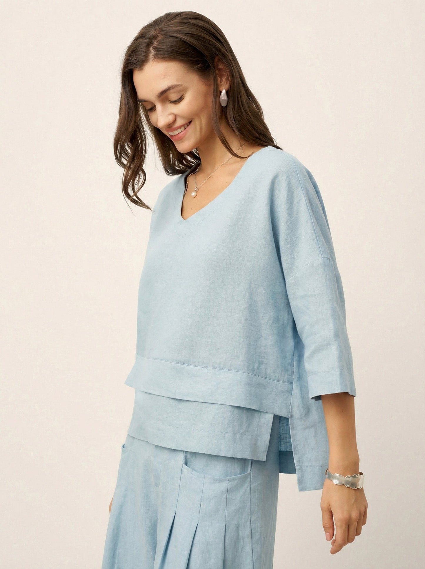 100% Linen Drop Shoulder Asymmetric Layered Hem Overtop VIOLA LINTICO