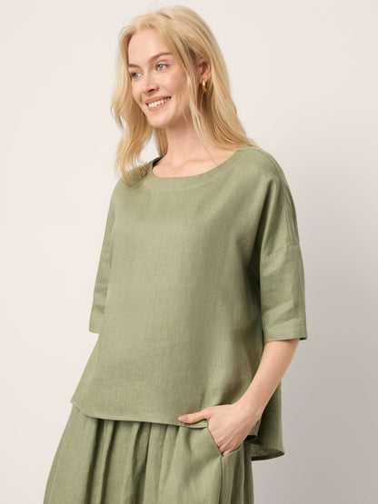 100% Linen Drop Shoulder Shirred Back High-Low Hem Top LINDSEY LINTICO