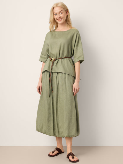 100% Linen Drop Shoulder Shirred Back High-Low Hem Top LINDSEY LINTICO