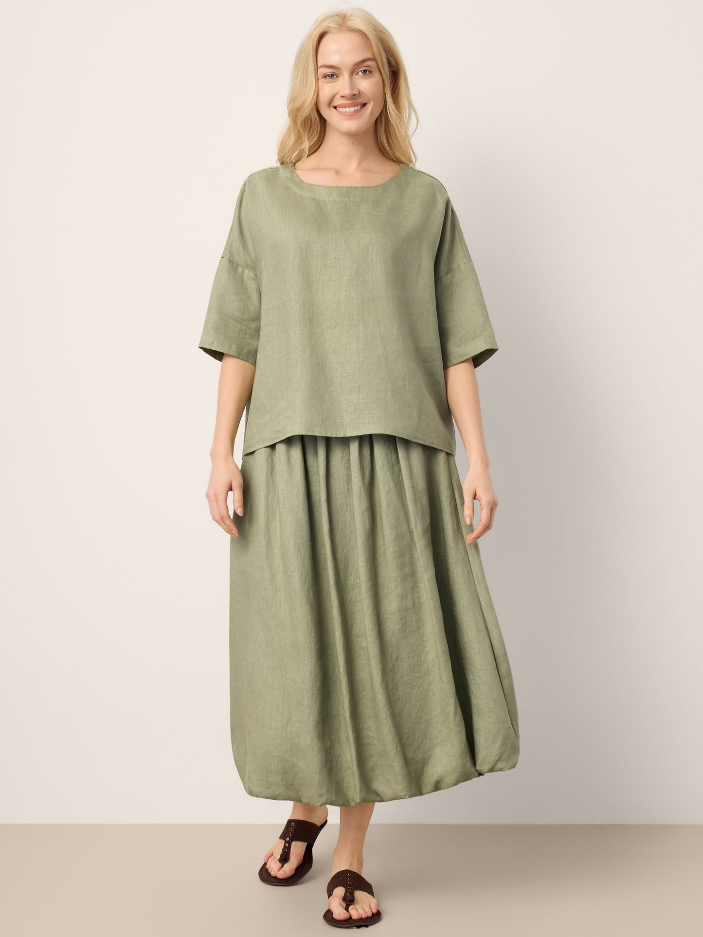 100% Linen Drop Shoulder Shirred Back High-Low Hem Top LINDSEY LINTICO