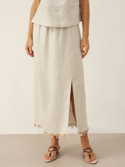 100% Linen Elastic Waist Beaded Skirt BIAN