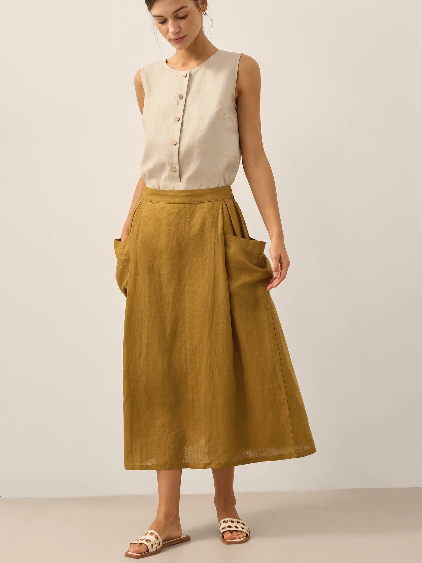 Linen Checked Elastic Waist Skirt MARINA LINTICO
