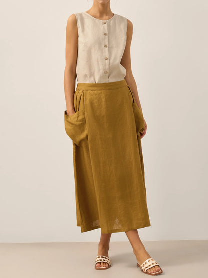 Linen Checked Elastic Waist Skirt MARINA LINTICO