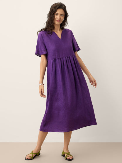 100% Linen Embroidered Cuff Split Neck Maxi Dress OCTAVIA LINTICO