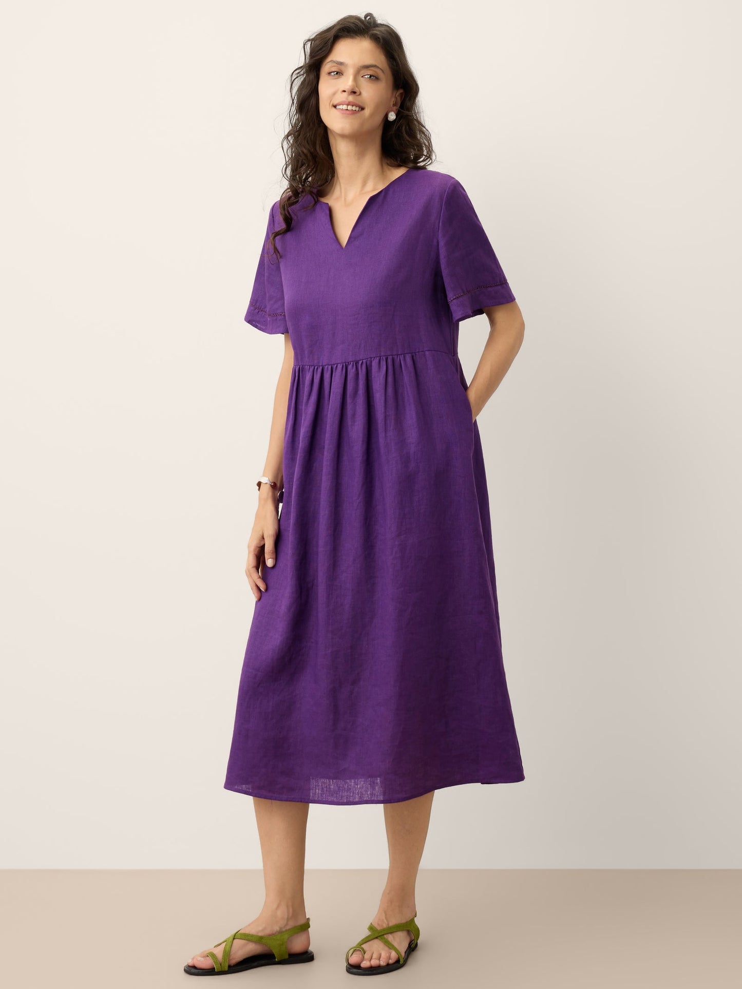 100% Linen Embroidered Cuff Split Neck Maxi Dress OCTAVIA LINTICO