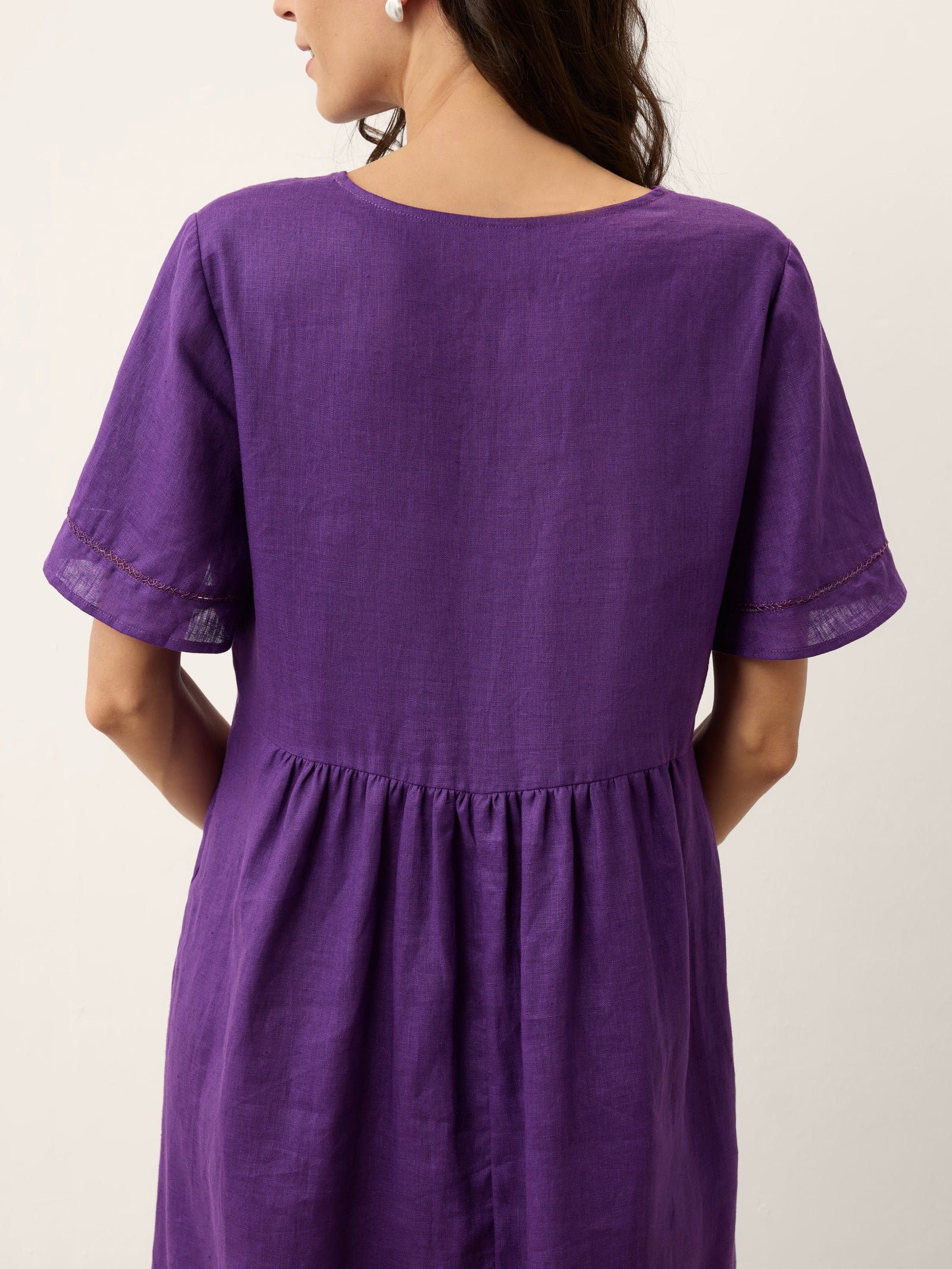 100% Linen Embroidered Cuff Split Neck Maxi Dress OCTAVIA LINTICO