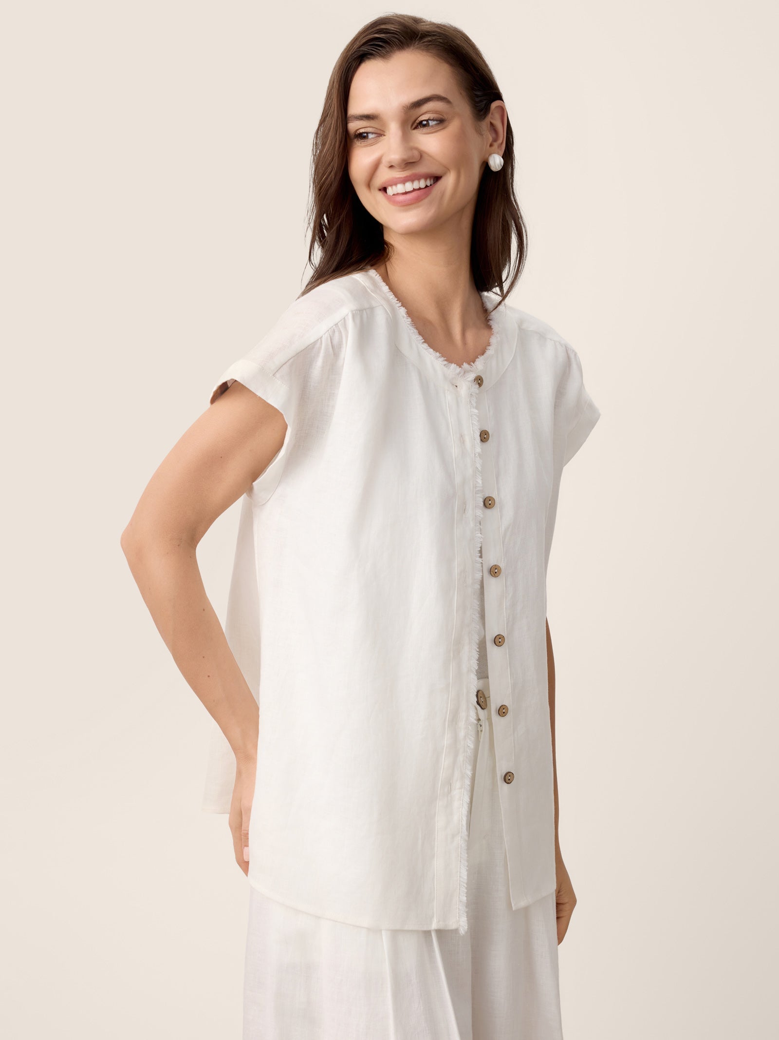 100% Linen Frayed-Trim Drop-Shoulder Top INDIRA LINTICO