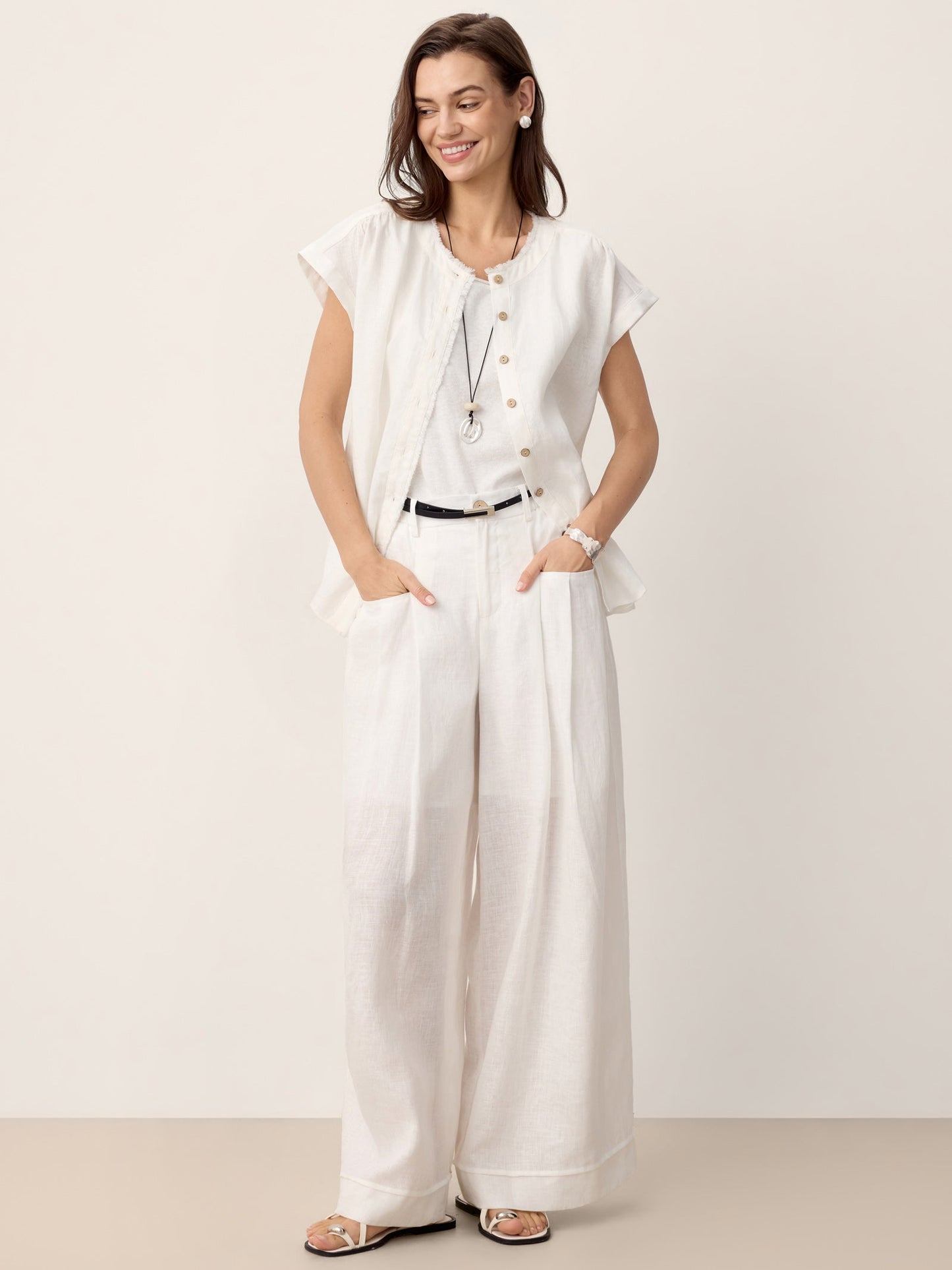 100% Linen Frayed-Trim Drop-Shoulder Top INDIRA LINTICO