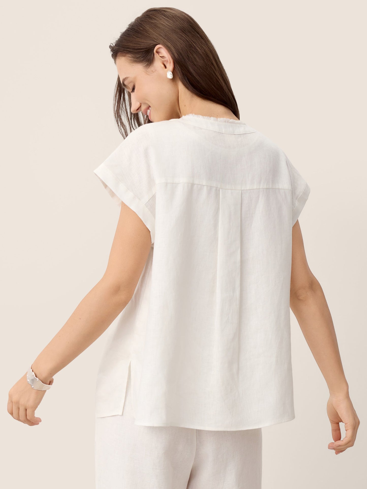 100% Linen Frayed-Trim Drop-Shoulder Top INDIRA LINTICO