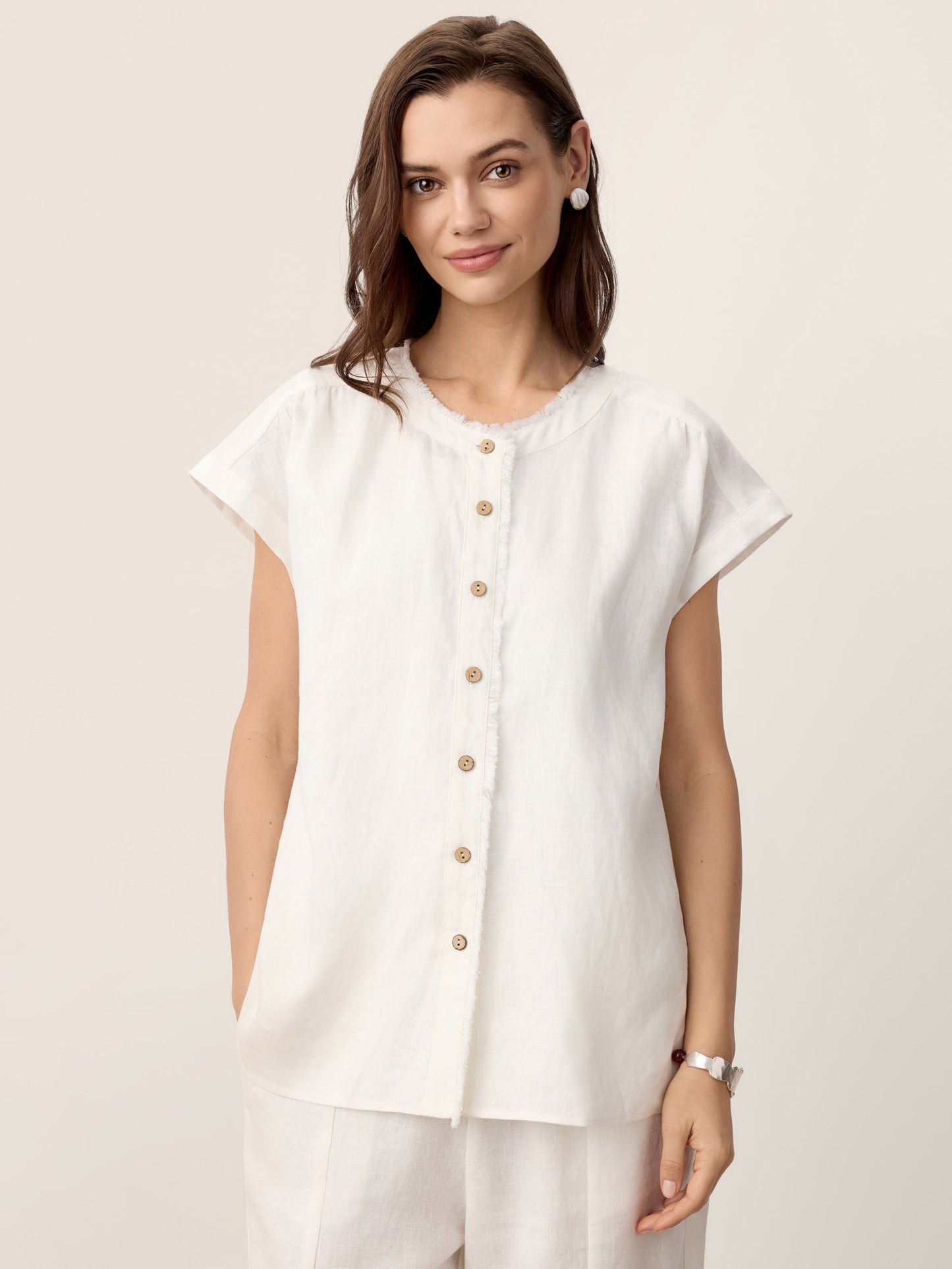 100% Linen Frayed-Trim Drop-Shoulder Top INDIRA LINTICO