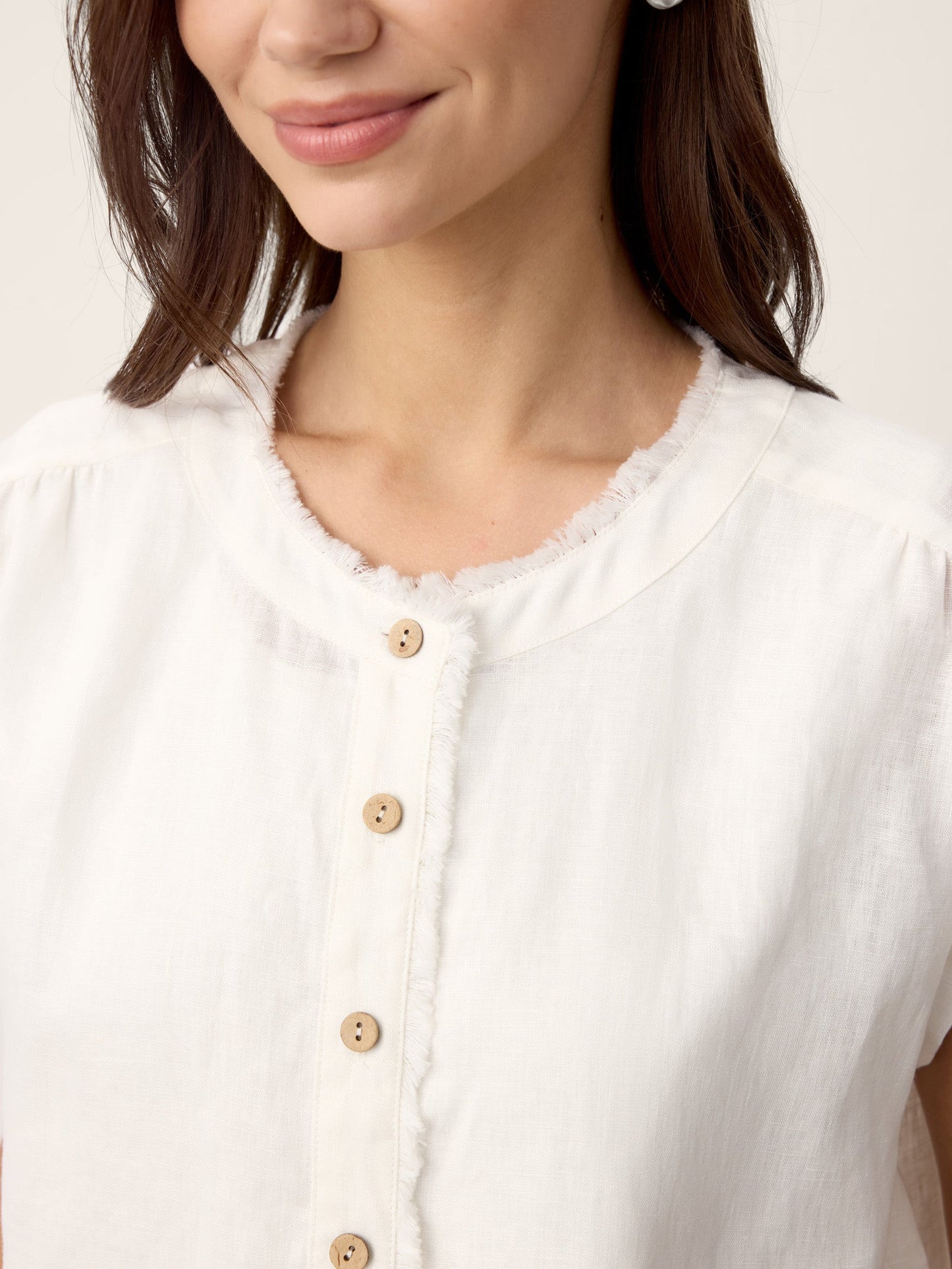 100% Linen Frayed-Trim Drop-Shoulder Top INDIRA LINTICO