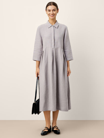100% Linen Inverted Pleat Curved Seam Maxi Dress VALERIE