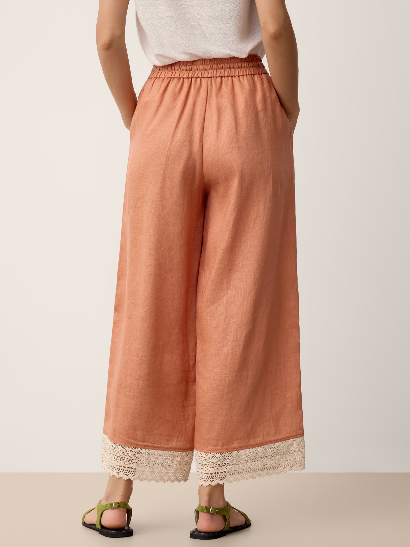 100% Linen Lace-Hem Wide-Leg Pants DARBY LINTICO