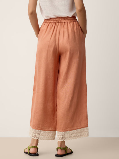 100% Linen Lace-Hem Wide-Leg Pants DARBY LINTICO