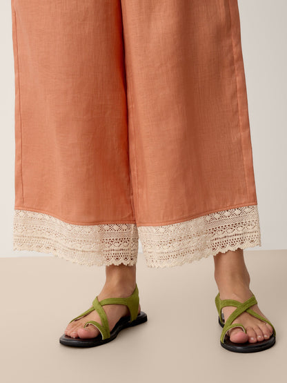 100% Linen Lace-Hem Wide-Leg Pants DARBY LINTICO