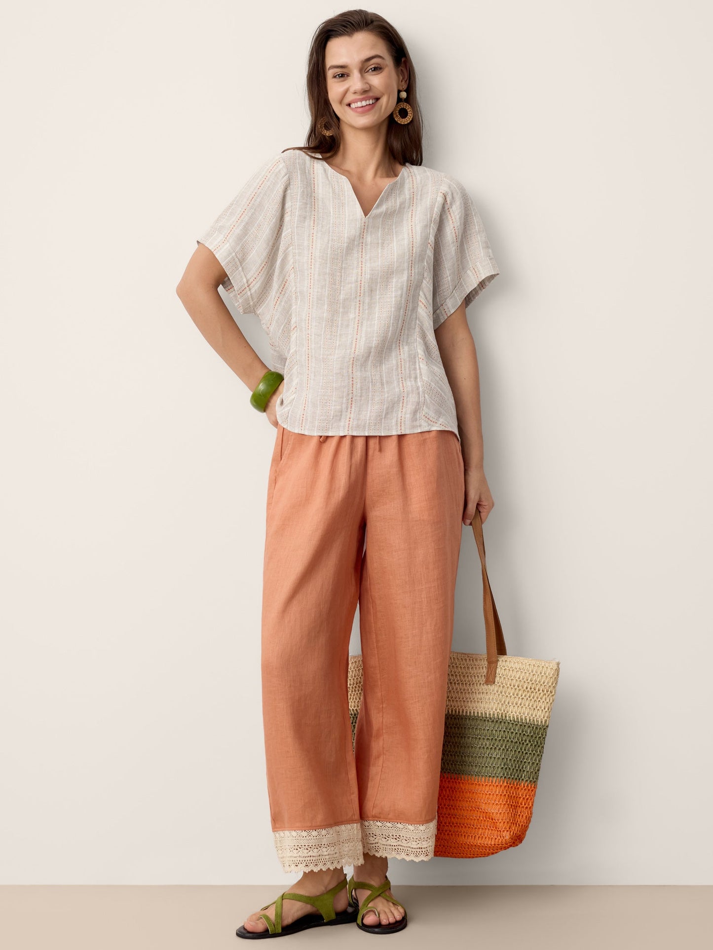 100% Linen Lace-Hem Wide-Leg Pants DARBY LINTICO