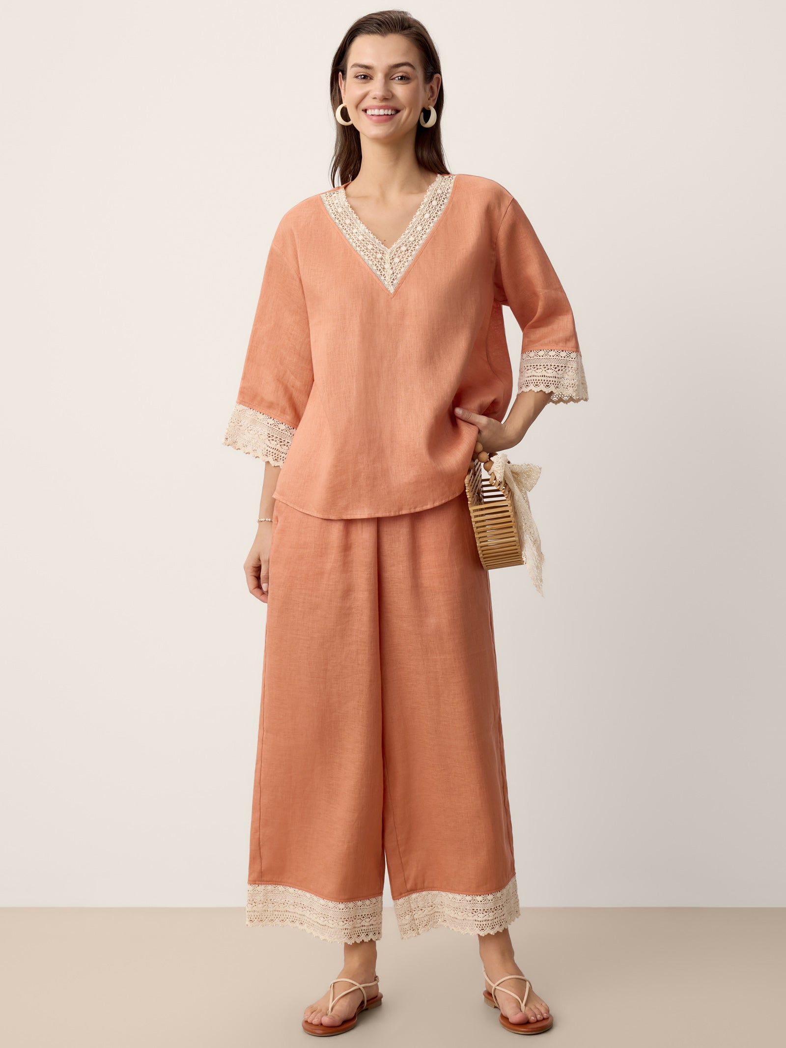 100% Linen Lace-Hem Wide-Leg Pants DARBY LINTICO