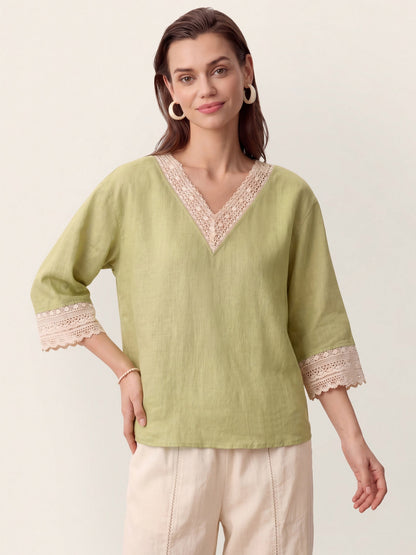 100% Linen Lace-Trim V-Neck Top KEELY LINTICO