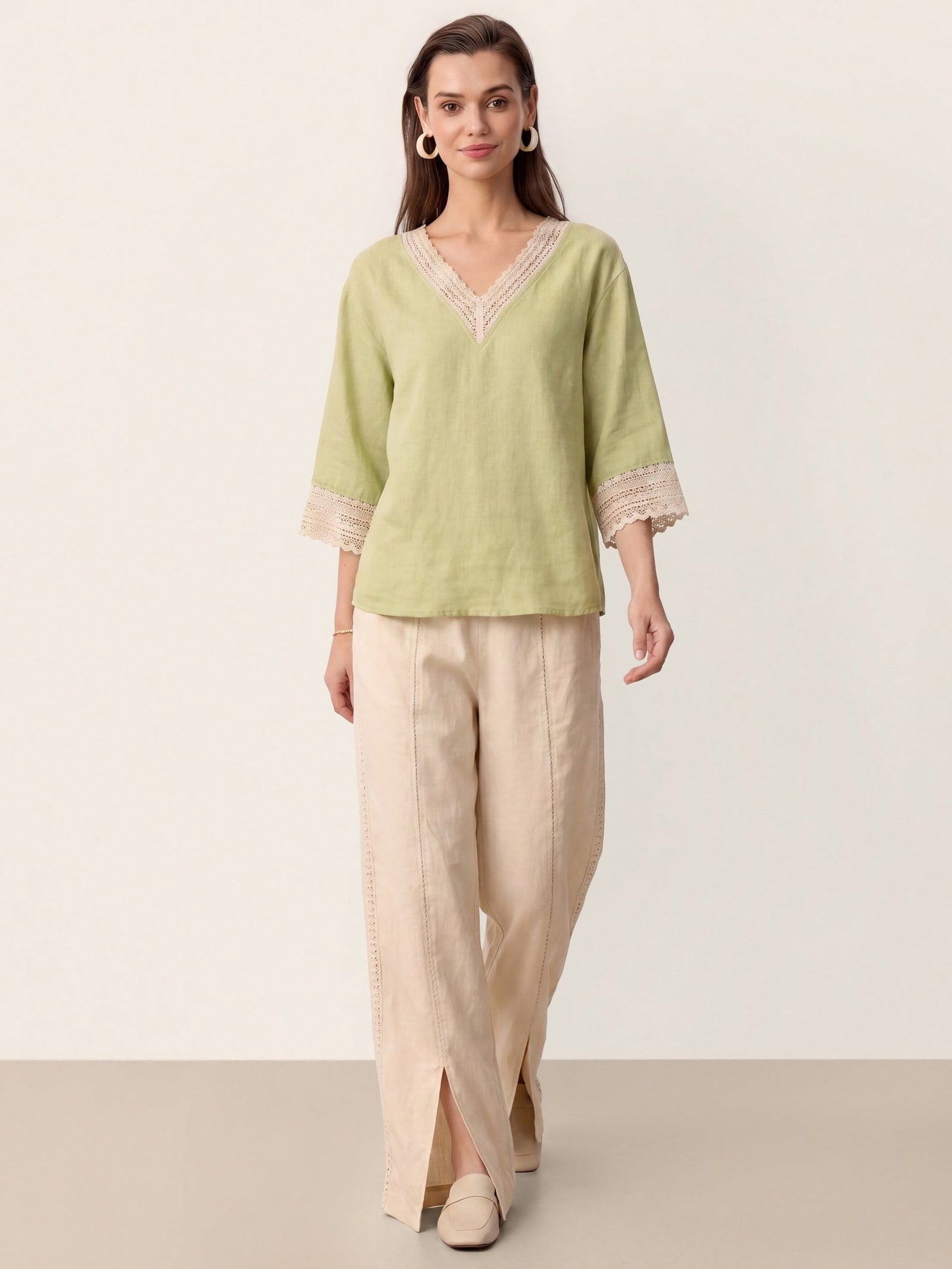 100% Linen Lace-Trim V-Neck Top KEELY LINTICO