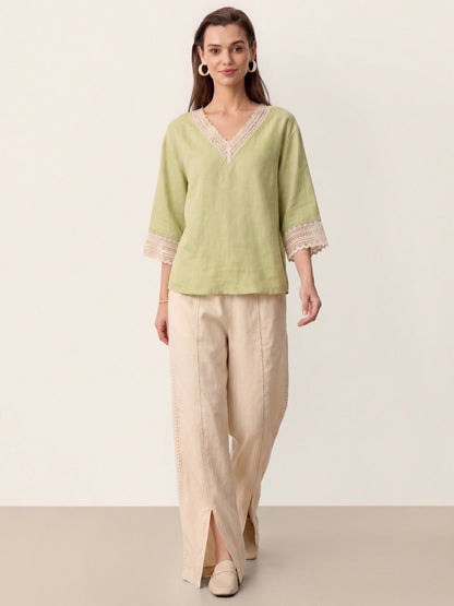 100% Linen Lace-Trim V-Neck Top KEELY LINTICO