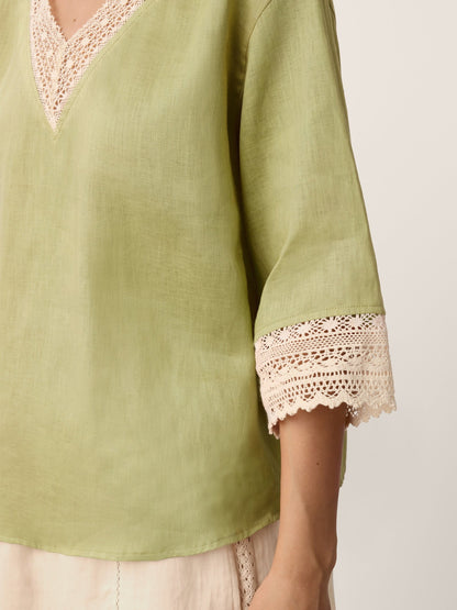 100% Linen Lace-Trim V-Neck Top KEELY LINTICO