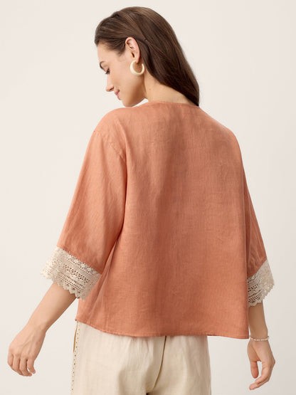 100% Linen Lace-Trim V-Neck Top KEELY LINTICO