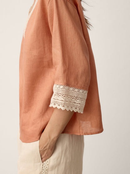 100% Linen Lace-Trim V-Neck Top KEELY LINTICO