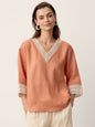 100% Linen Lace-Trim V-Neck Top KEELY LINTICO