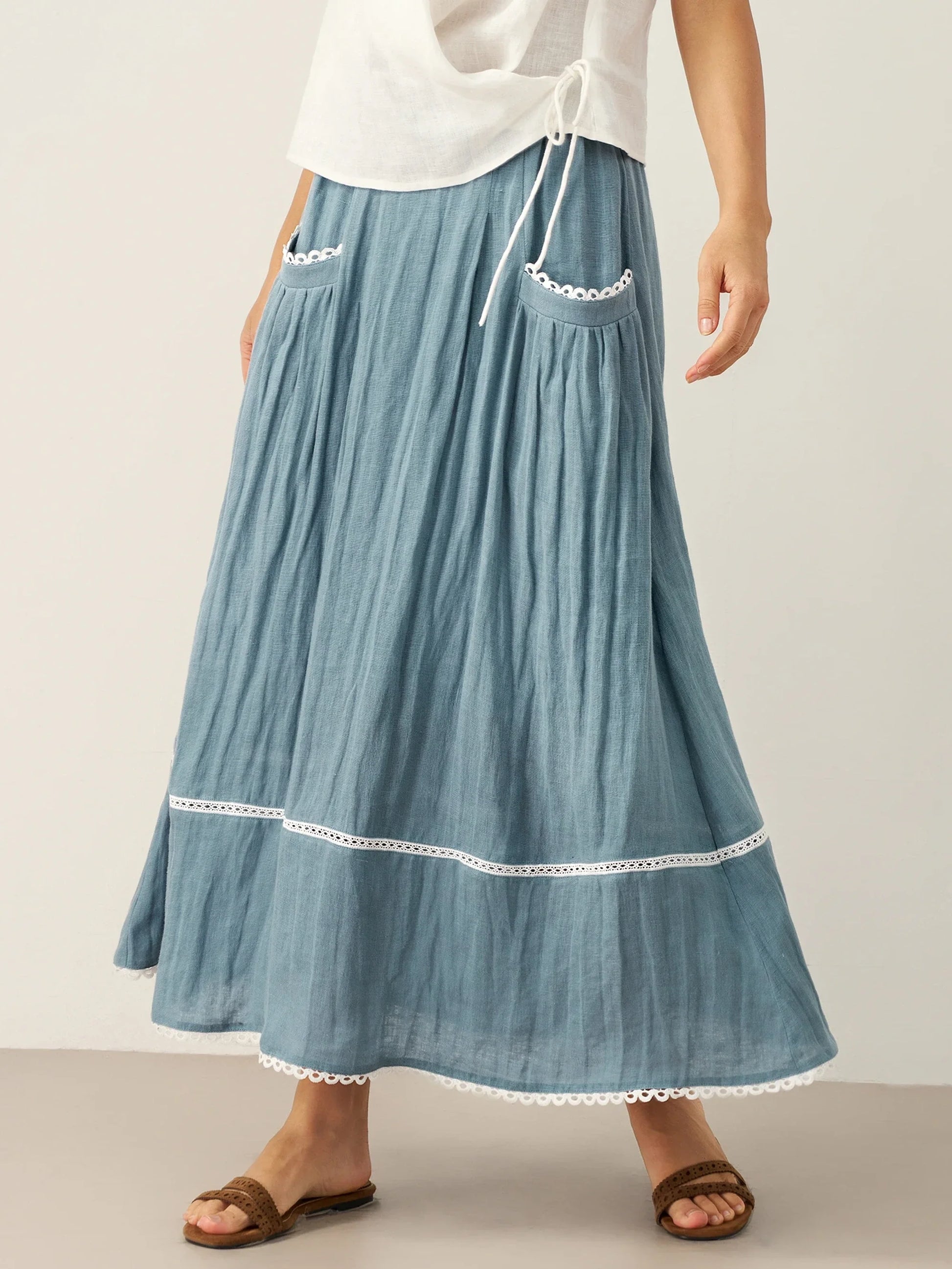 100% Linen Lace-Up Pocket Skirt FENLA LINTICO