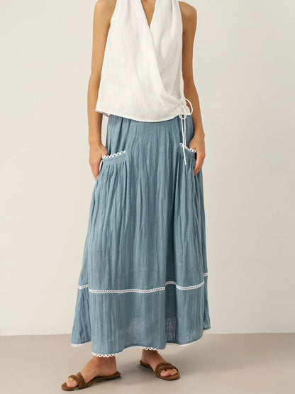 100% Linen Lace-Up Pocket Skirt FENLA LINTICO