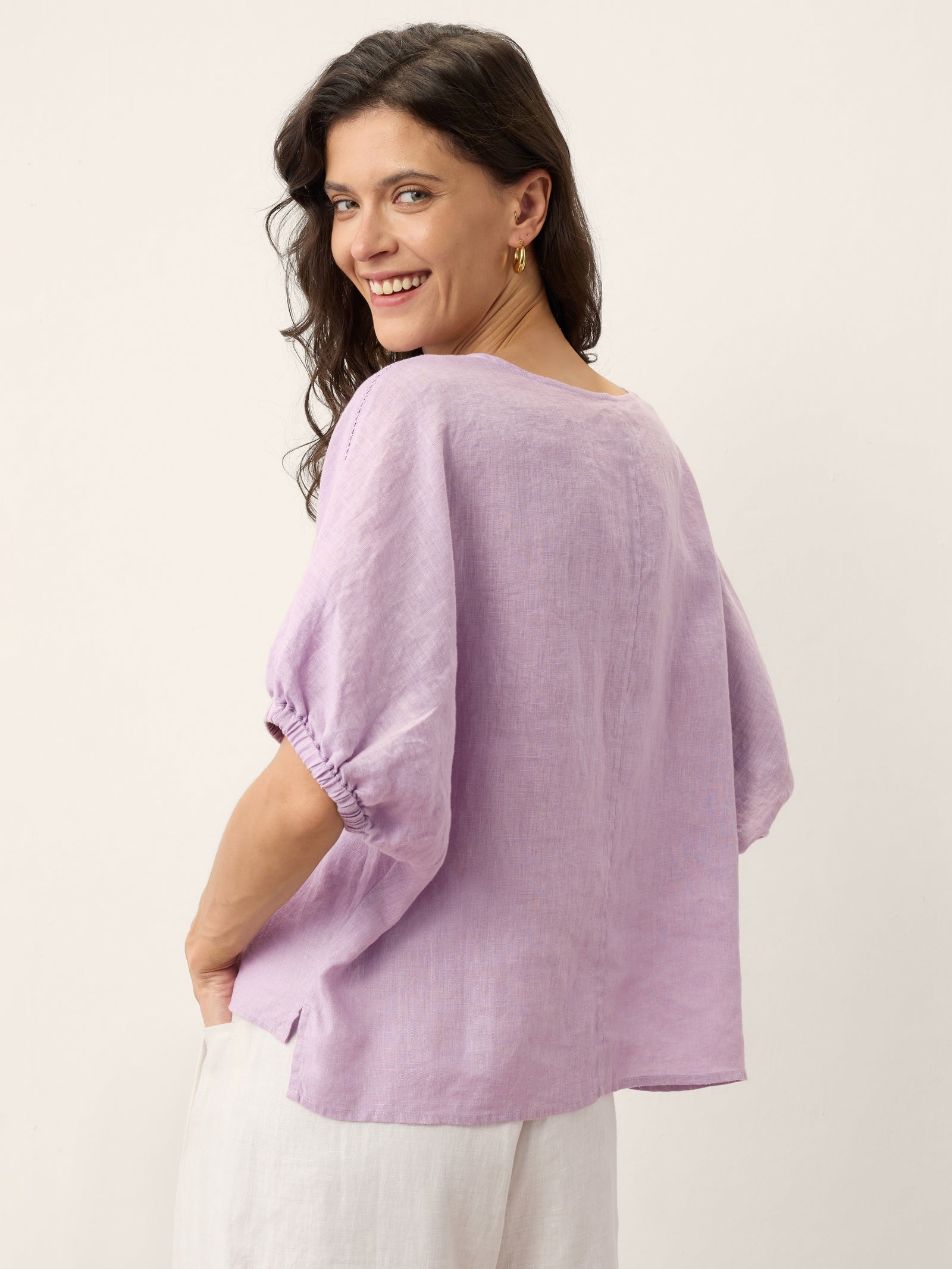 100% Linen Lace Inset Sculpted Cuff Top QUILLA LINTICO